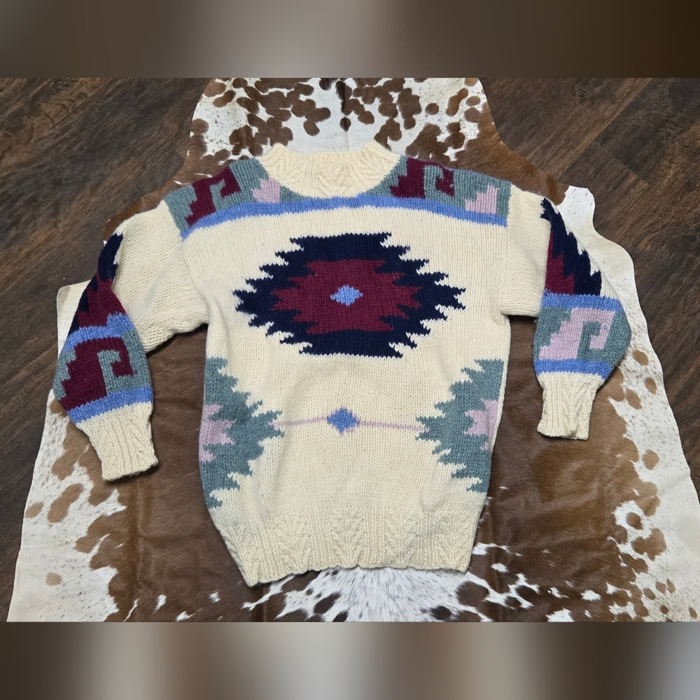 Geometric Patterned Sweater - Cream, Red, Blue